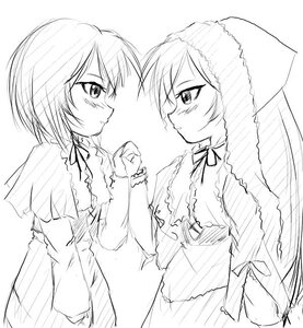 Rating: Safe Score: 0 Tags: 2girls auto_tagged blush eye_contact greyscale image long_sleeves looking_at_another monochrome multiple_girls pair ribbon short_hair siblings simple_background sisters smile souseiseki suiseiseki twins white_background User: admin