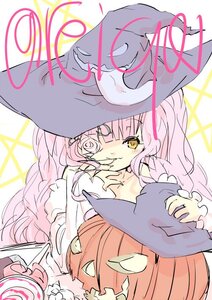 Rating: Safe Score: 0 Tags: 1girl bangs candy food halloween hat image jack-o'-lantern kirakishou lollipop long_hair long_sleeves pink_hair smile solo witch_hat yellow_eyes User: admin