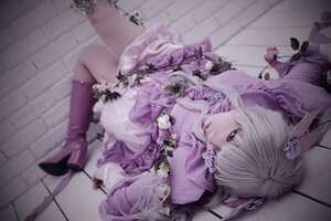 Rating: Safe Score: 0 Tags: 1girl barasuishou blonde_hair boots dress flower frills hair_ornament high_heels long_hair lying on_side solo tile_floor User: admin