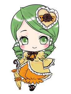 Rating: Safe Score: 0 Tags: 1girl auto_tagged blush bow chibi dress drill_hair food frills full_body green_eyes green_hair hat image kanaria long_sleeves orange_dress rose smile solo standing umbrella white_background yellow_dress User: admin