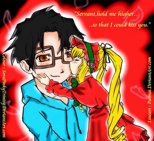 Rating: Safe Score: 0 Tags: 1boy 1girl black_hair blonde_hair blush brown_eyes dress glasses image kiss long_hair shinku solo User: admin