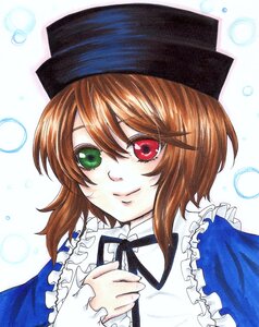 Rating: Safe Score: 0 Tags: 1girl auto_tagged brown_hair closed_mouth eyebrows_visible_through_hair frills green_eyes hat heterochromia image long_sleeves looking_at_viewer marker_(medium) red_eyes short_hair smile solo souseiseki striped_background suiseiseki traditional_media upper_body white_background User: admin