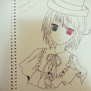 Rating: Safe Score: 0 Tags: 1girl hat heterochromia image looking_at_viewer monochrome photo red_eyes ribbon short_hair simple_background solo souseiseki spot_color traditional_media upper_body User: admin