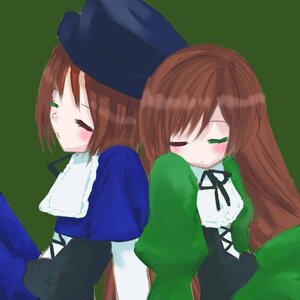 Rating: Safe Score: 0 Tags: 2girls blue_dress blush brown_hair closed_eyes dress green_background green_dress hat image long_hair long_sleeves multiple_girls pair short_hair siblings simple_background sisters souseiseki suiseiseki twins very_long_hair User: admin