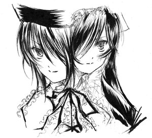 Rating: Safe Score: 0 Tags: 2girls blush frills greyscale hair_over_one_eye image looking_at_viewer monochrome multiple_girls pair ribbon simple_background smile souseiseki suiseiseki white_background User: admin