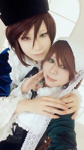 Rating: Safe Score: 0 Tags: 2girls bangs brown_hair closed_mouth green_eyes hat heterochromia lips long_hair looking_at_viewer multiple_cosplay multiple_girls siblings sisters smile tagme twins User: admin