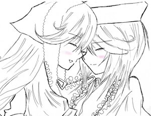 Rating: Safe Score: 0 Tags: 2girls blush closed_eyes greyscale hat image long_hair monochrome multiple_girls necklace pair smile souseiseki suiseiseki upper_body white_background yuri User: admin
