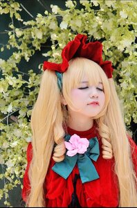 Rating: Safe Score: 0 Tags: 1girl bangs blonde_hair bow closed_eyes flower hair_ribbon lips long_hair nose parted_lips ribbon shinku solo upper_body User: admin