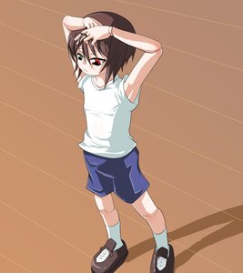 Rating: Safe Score: 0 Tags: 1boy brown_hair heterochromia image otoko_no_ko red_eyes shirt shoes short_hair shorts socks solo souseiseki standing white_legwear User: admin