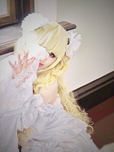 Rating: Safe Score: 0 Tags: 1girl bangs bare_shoulders blonde_hair dress flower green_eyes kirakishou lips long_hair one_eye_covered solo white_dress white_flower User: admin