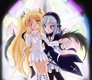 Rating: Safe Score: 0 Tags: 2girls black_wings blonde_hair boots dress eyepatch flower frills hairband image kirakishou lolita_hairband long_hair long_sleeves multiple_girls pair purple_eyes rose silver_hair smile suigintou very_long_hair white_dress wings yellow_eyes User: admin