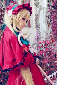 Rating: Safe Score: 0 Tags: 1girl blonde_hair blue_eyes blurry blurry_background blurry_foreground bow depth_of_field dress flower frills long_hair long_sleeves photo red_dress shinku solo User: admin