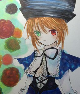 Rating: Safe Score: 0 Tags: 1girl apple bangs blue_dress brown_hair capelet closed_mouth dress frills fruit green_eyes hariruri hat heterochromia image long_sleeves looking_at_viewer marker_(medium) red_eyes short_hair solo souseiseki traditional_media upper_body User: admin