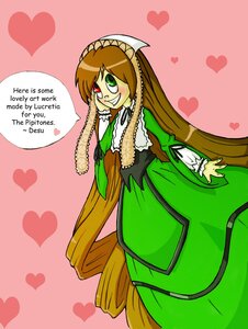 Rating: Safe Score: 0 Tags: 1girl brown_hair dress drill_hair english_text green_dress green_eyes grin heart heart_background image long_hair long_sleeves smile solo spoken_heart suiseiseki very_long_hair User: admin