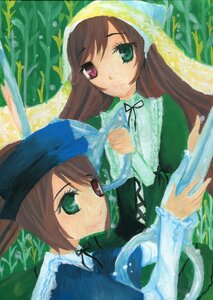 Rating: Safe Score: 0 Tags: 2girls bangs black_ribbon brown_hair dress green_dress green_eyes hat head_scarf heterochromia image long_hair long_sleeves looking_at_viewer multiple_girls pair red_eyes ribbon short_hair siblings sisters smile souseiseki suiseiseki twins watering_can User: admin