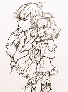 Rating: Safe Score: 0 Tags: 2girls ahoge bow hair_bow hat hinaichigo image long_sleeves monochrome multiple_girls sakurada_jun short_hair smile solo User: admin