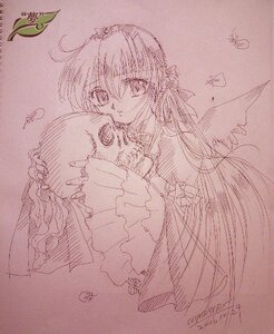 Rating: Safe Score: 0 Tags: 1girl bow dated hair_bow hair_tubes hakurei_reimu image long_hair looking_at_viewer monochrome signature sketch solo suigintou traditional_media User: admin