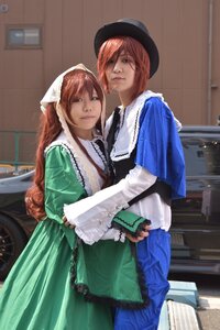 Rating: Safe Score: 0 Tags: 2girls blue_eyes brown_hair dress green_dress hat head_scarf hug lips long_hair multiple_cosplay multiple_girls red_hair suiseiseki tagme User: admin