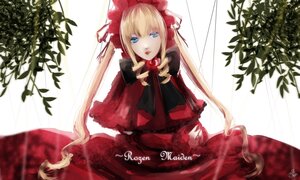 Rating: Safe Score: 0 Tags: 1girl blonde_hair blue_eyes bow bowtie capelet curtains dress flower image long_hair looking_at_viewer plant red_dress rose shinku sitting solo twintails very_long_hair User: admin