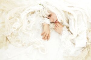 Rating: Safe Score: 0 Tags: 1girl bangs closed_mouth dress eyelashes flower hands kirakishou lace lips long_hair lying pale_color solo white_dress white_hair white_theme User: admin