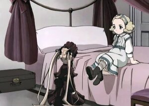 Rating: Safe Score: 0 Tags: 1girl bed blonde_hair couch dress image indoors long_sleeves on_bed pantyhose shinku sitting solo striped striped_legwear User: admin