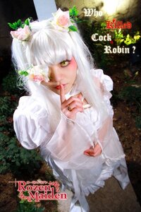 Rating: Safe Score: 0 Tags: 1girl bangs copyright_name cover dress english_text finger_to_mouth flower hair_flower hair_ornament jewelry kirakishou lips lipstick long_hair makeup nail_polish ring see-through solo veil wedding_dress white_dress white_hair yellow_eyes User: admin