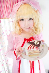 Rating: Safe Score: 0 Tags: 1girl blonde_hair blurry cake depth_of_field food green_eyes hinaichigo parfait solo strawberry striped vertical_stripes User: admin