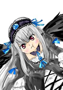 Rating: Safe Score: 0 Tags: 1girl :t black_wings blue_flower blue_ribbon blue_rose blush dress image long_hair long_sleeves pout ribbon rose silver_hair solo suigintou wings User: admin