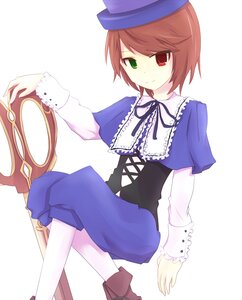 Rating: Safe Score: 0 Tags: 1girl brown_hair dress frills green_eyes hat heterochromia image long_sleeves looking_at_viewer red_eyes ribbon short_hair sitting smile solo souseiseki top_hat white_background white_legwear User: admin