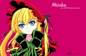 Rating: Safe Score: 0 Tags: 1girl blonde_hair blue_eyes bonnet bow copyright_name dress flower image long_hair looking_at_viewer pink_background pink_flower pink_rose ribbon rose shinku simple_background smile solo User: admin