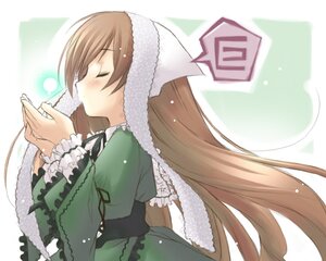 Rating: Safe Score: 0 Tags: 1girl blush brown_hair closed_eyes dress from_side green_dress hat image long_hair long_sleeves praying profile solo suiseiseki very_long_hair User: admin