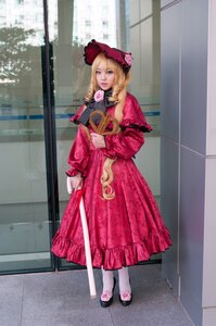 Rating: Safe Score: 0 Tags: 1girl blonde_hair blue_eyes bonnet dress flower full_body lips long_hair looking_at_viewer shinku solo standing window User: admin