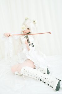 Rating: Safe Score: 0 Tags: 1girl dress flower kirakishou sitting solo striped striped_legwear thighhighs vertical-striped_legwear vertical_stripes white_dress white_hair white_legwear User: admin