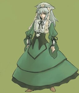 Rating: Safe Score: 0 Tags: 1girl dress full_body green_background green_dress hat image long_hair long_sleeves neck_ribbon ribbon simple_background solo standing suiseiseki User: admin