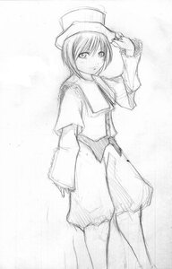 Rating: Safe Score: 0 Tags: 1girl bangs blush capelet greyscale hat image long_sleeves looking_at_viewer monochrome short_hair simple_background sketch solo souseiseki standing User: admin