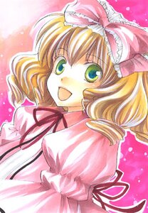Rating: Safe Score: 0 Tags: 1girl :d blonde_hair bow dress frills green_eyes hair_bow hina_ichigo hinaichigo image long_sleeves looking_at_viewer open_mouth pink_background pink_bow pink_dress puffy_short_sleeves puffy_sleeves short_hair smile solo traditional_media User: admin