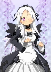 Rating: Safe Score: 0 Tags: 1girl apron bow breasts commentary_request dress frills hairband halftone halftone_background highres image long_hair long_sleeves looking_at_viewer maokyu one_eye_closed pink_eyes polka_dot polka_dot_background rozen_maiden silver_hair smile solo suigintou white_hair wings User: admin