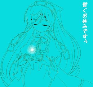 Rating: Safe Score: 0 Tags: 1girl aqua_theme blue_theme braid closed_eyes dress frills image long_hair long_sleeves monochrome neck_ribbon ribbon simple_background solo suiseiseki twin_braids User: admin