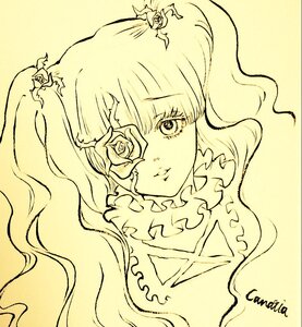 Rating: Safe Score: 0 Tags: 1girl flower frills hair_flower hair_ornament image kirakishou long_hair monochrome rose solo yellow_background yellow_theme User: admin