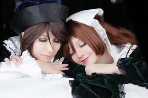 Rating: Safe Score: 0 Tags: 2girls bangs brown_hair closed_eyes closed_mouth eyelashes hat lips long_hair multiple_cosplay multiple_girls siblings sisters smile suiseiseki tagme twins User: admin