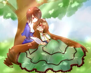Rating: Safe Score: 0 Tags: 2girls brown_hair dress green_dress image long_hair long_sleeves multiple_girls outdoors pair red_eyes short_hair siblings sisters smile souseiseki suiseiseki sunlight tree twins very_long_hair User: admin