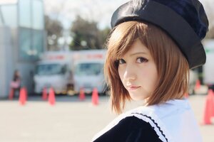 Rating: Safe Score: 0 Tags: 1girl 3d blonde_hair blurry blurry_background blurry_foreground closed_mouth depth_of_field hat lips looking_at_viewer looking_back motion_blur outdoors photo photo_background red_eyes sailor_collar short_hair solo souseiseki User: admin