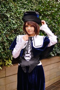 Rating: Safe Score: 0 Tags: 1girl bangs blue_dress brown_hair capelet dress hat heterochromia lips long_sleeves looking_at_viewer outdoors plant red_eyes short_hair smile solo souseiseki standing sunlight User: admin
