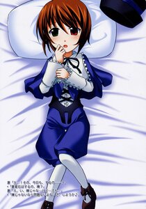Rating: Safe Score: 0 Tags: 1girl :o bed blush brown_hair from_above full_body green_eyes hat hat_removed headwear_removed heterochromia image long_sleeves looking_at_viewer lying open_mouth pantyhose pillow red_eyes short_hair solo souseiseki top_hat white_legwear User: admin