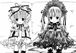 Rating: Safe Score: 0 Tags: 1girl :o blush bow dress frills greyscale hair_ribbon hinaichigo image long_hair long_sleeves looking_at_viewer monochrome multiple_girls open_mouth pair parasol ribbon shinku sitting standing twintails umbrella User: admin