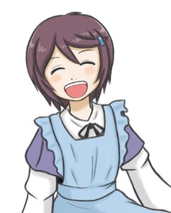 Rating: Safe Score: 0 Tags: :d ^_^ apron blue_dress blurry blurry_foreground blush brown_hair closed_eyes depth_of_field dress facing_viewer hair_ornament hairclip image open_mouth ribbon short_hair simple_background smile solo souseiseki upper_body white_background User: admin