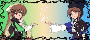 Rating: Safe Score: 0 Tags: brown_hair dress frills green_dress green_eyes head_scarf heterochromia image long_sleeves looking_at_viewer multiple_girls open_mouth pair red_eyes short_hair siblings sisters smile souseiseki suiseiseki twins yellow_background User: admin