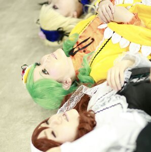 Rating: Safe Score: 0 Tags: 2girls 3girls blonde_hair blurry blurry_foreground brown_hair closed_eyes depth_of_field dress green_hair hat lips multiple_cosplay multiple_girls tagme User: admin