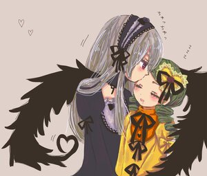 Rating: Safe Score: 0 Tags: 2girls black_wings blush closed_eyes dress feathered_wings green_hair hairband heart image kanaria kiss long_hair multiple_girls pair ribbon silver_hair suigintou wings yuri User: admin