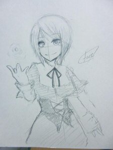 Rating: Safe Score: 0 Tags: 1girl blue_theme image long_sleeves looking_at_viewer monochrome neck_ribbon photo ribbon short_hair sketch smile solo souseiseki traditional_media User: admin